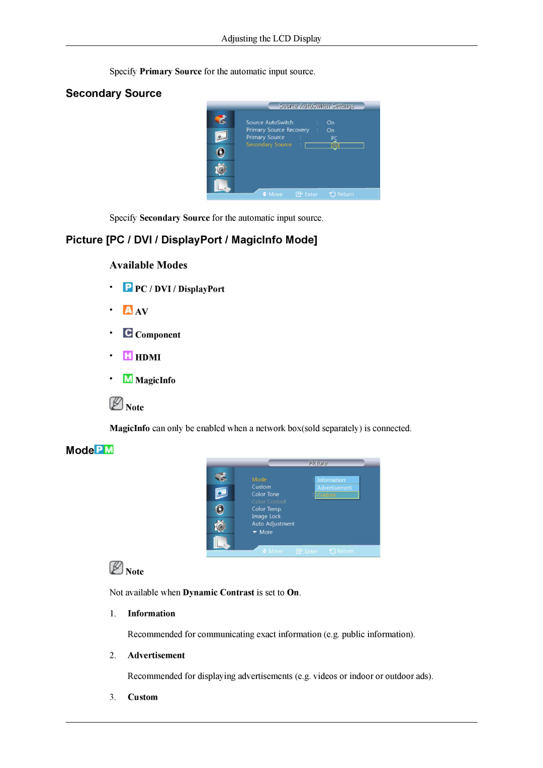 Samsung OL46B specifications Secondary Source, Picture PC / DVI / DisplayPort / MagicInfo Mode 