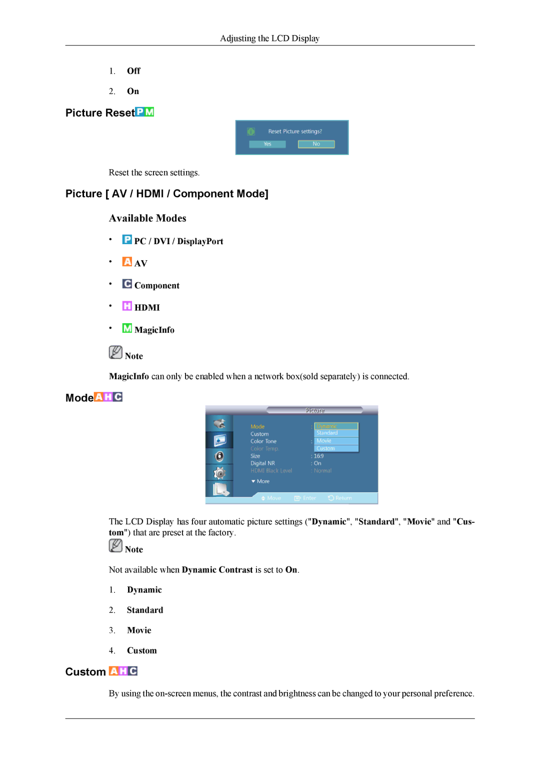 Samsung OL46B specifications Picture Reset, Picture AV / Hdmi / Component Mode, Dynamic Standard Movie Custom 