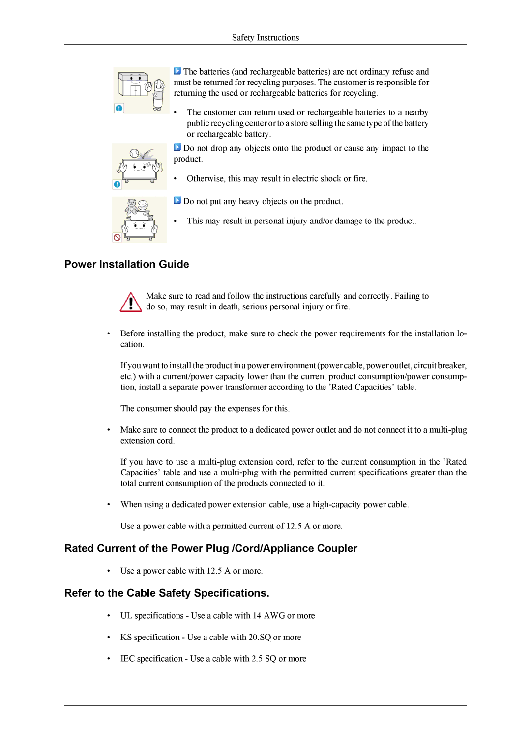 Samsung OL46B specifications Power Installation Guide, Rated Current of the Power Plug /Cord/Appliance Coupler 