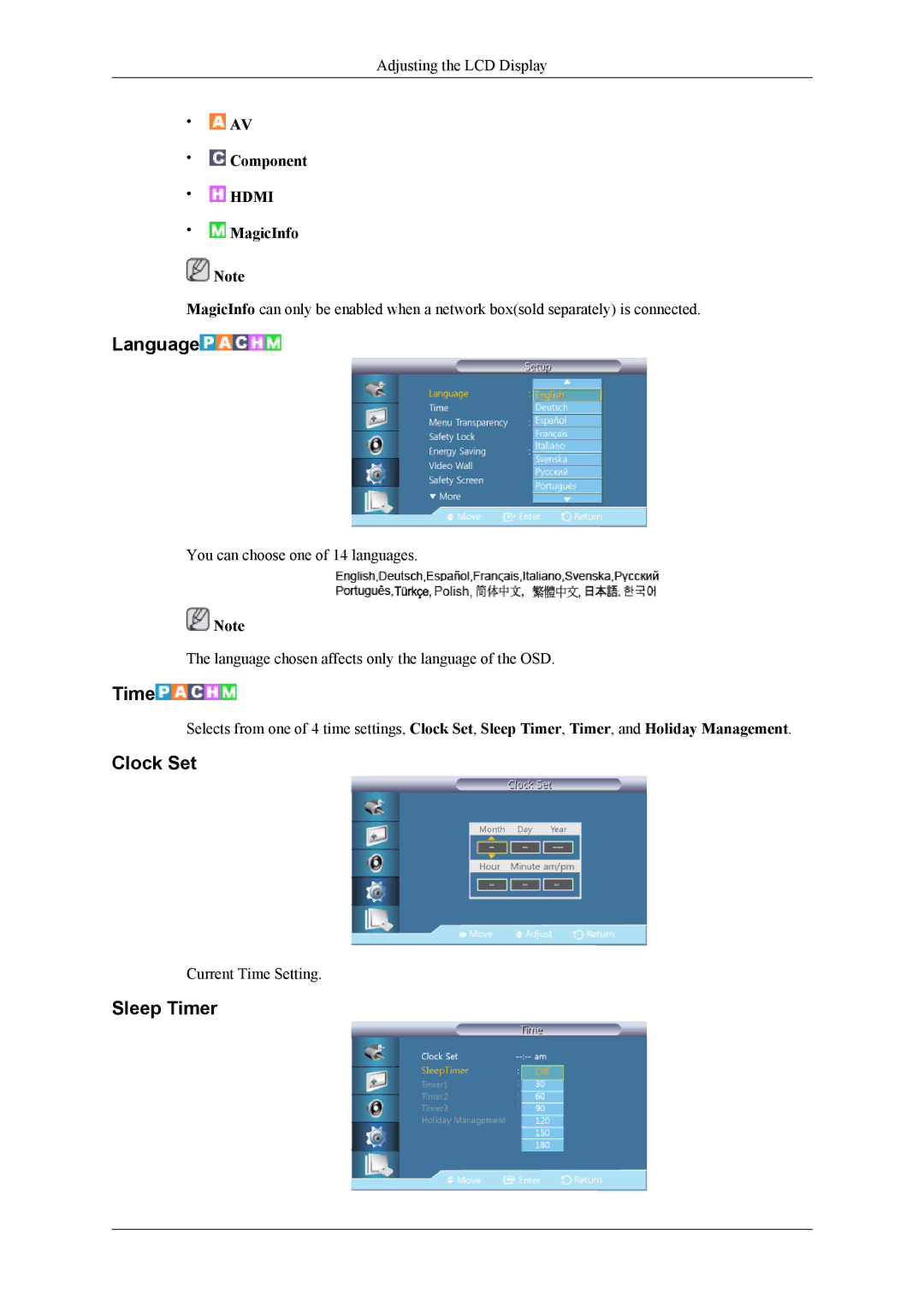 Samsung OL46B specifications Language, Clock Set, Sleep Timer 