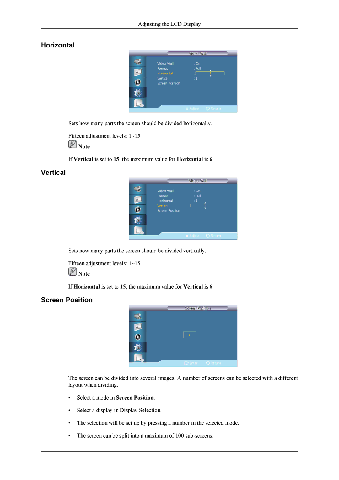 Samsung OL46B specifications Horizontal, Vertical, Screen Position 