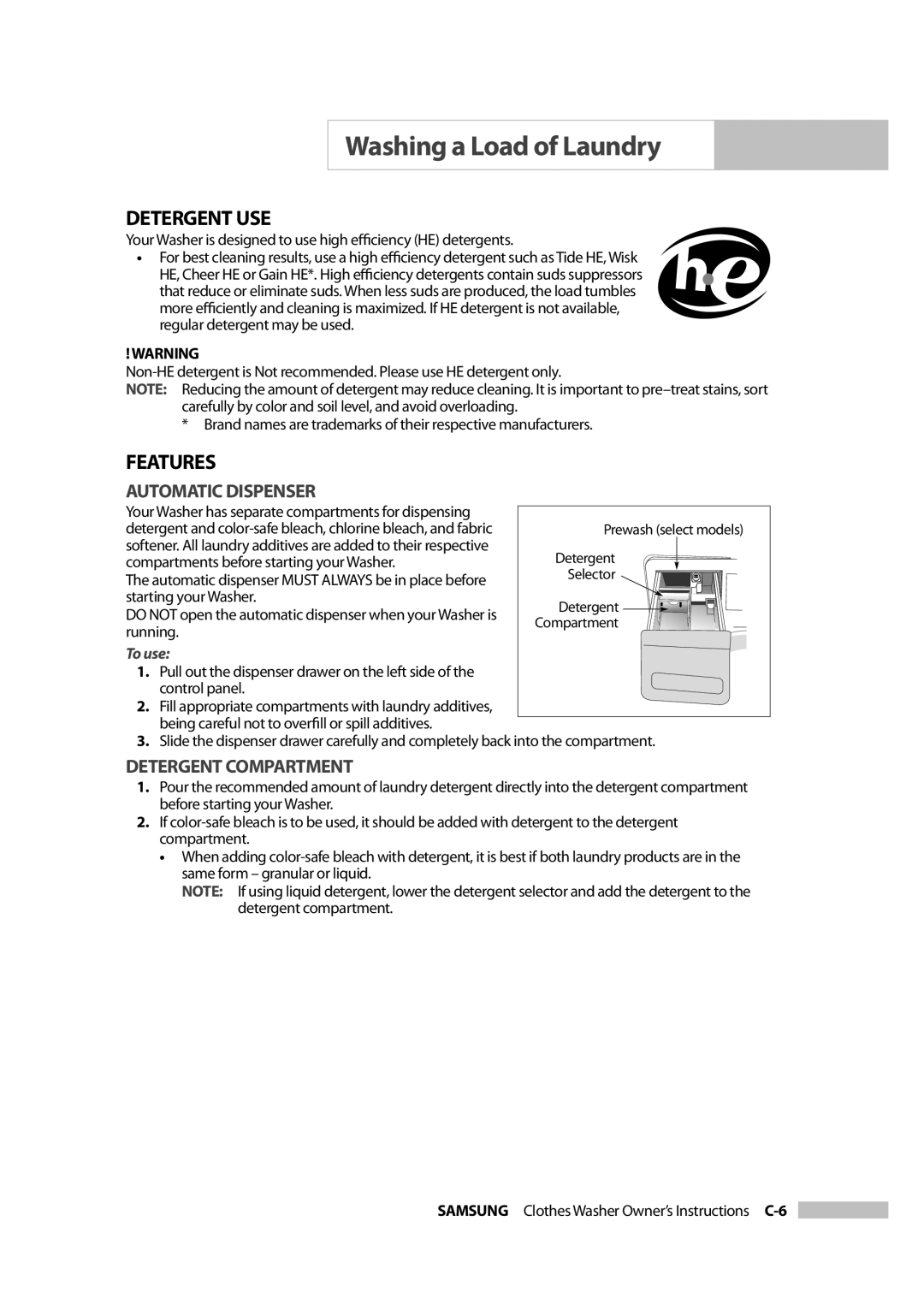 Samsung Owner's Manual owner manual Detergent USE, Features, Automatic Dispenser, Detergent Compartment, To use 