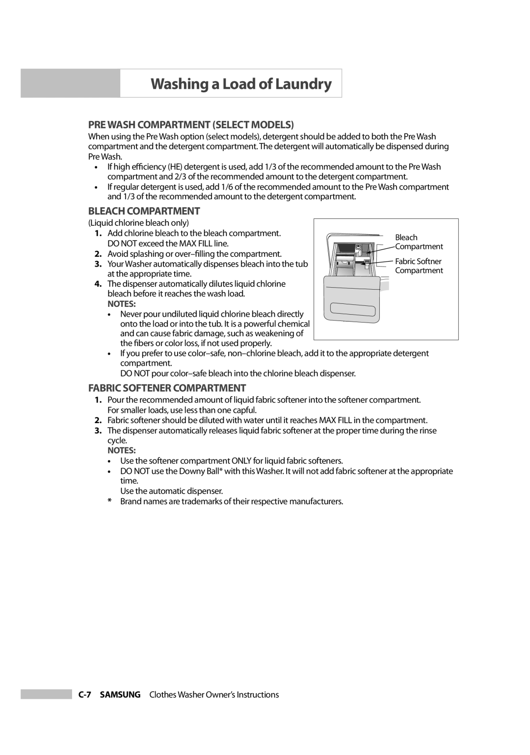 Samsung Owner's Manual owner manual PRE Wash Compartment Select Models, Bleach Compartment, Fabric Softener Compartment 