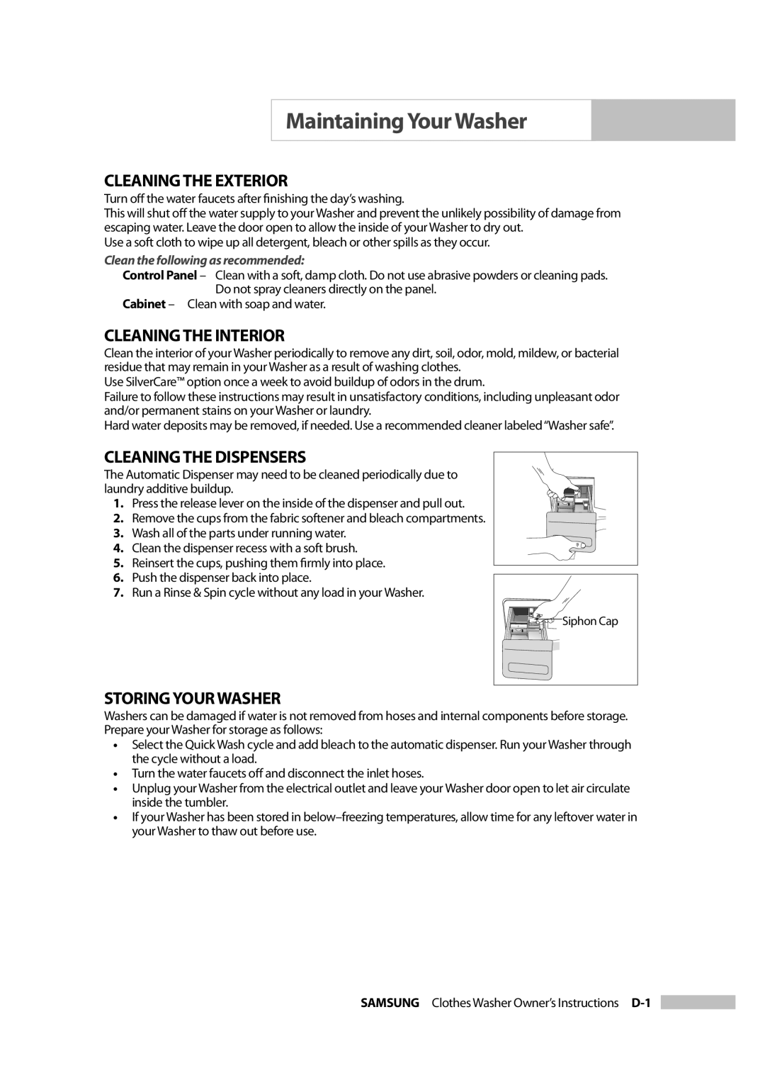 Samsung Owner's Manual Maintaining Your Washer, Cleaning the Exterior, Cleaning the Interior, Cleaning the Dispensers 