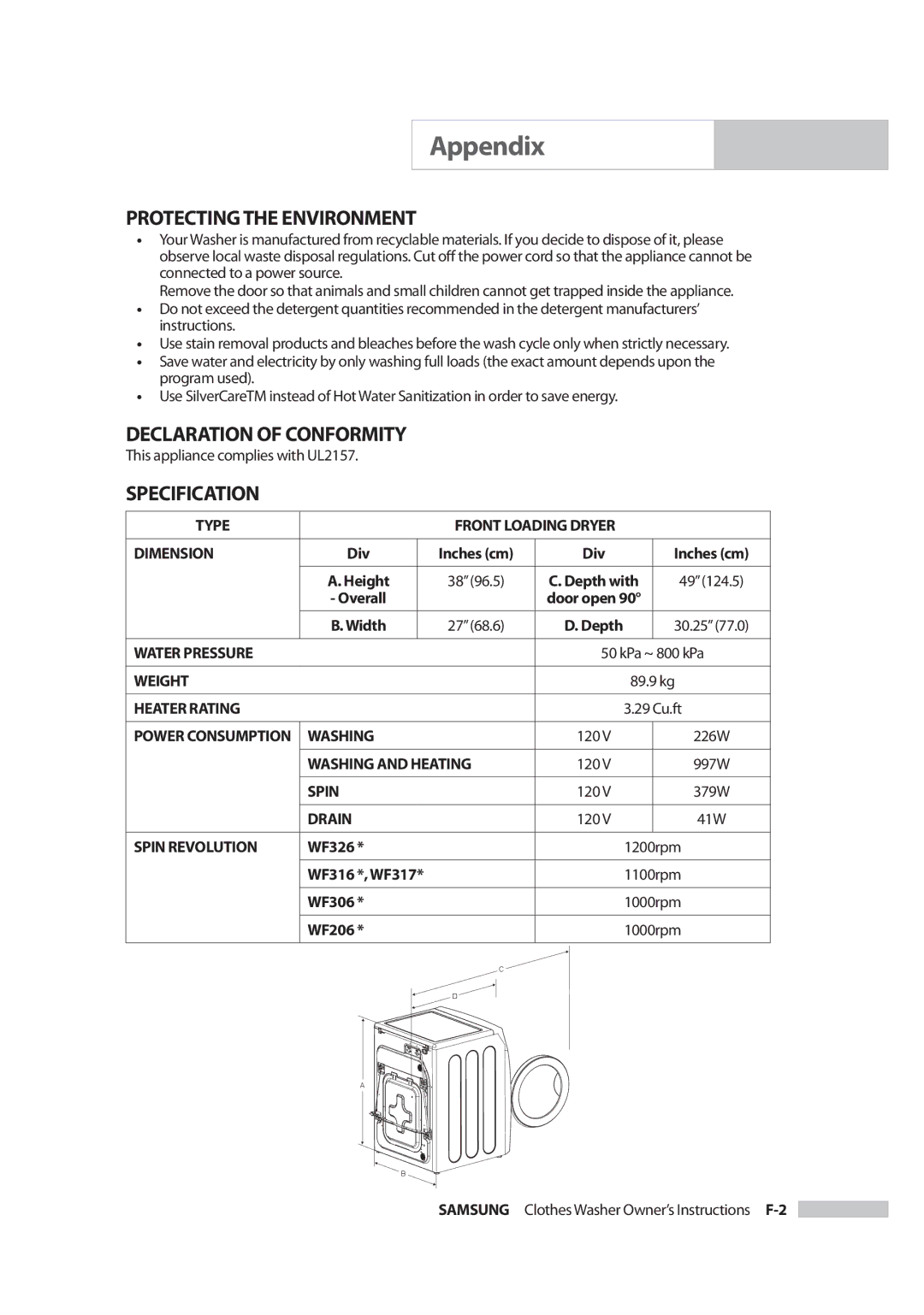 Samsung Owner's Manual owner manual Protecting the Environment, Declaration of Conformity, Specification 