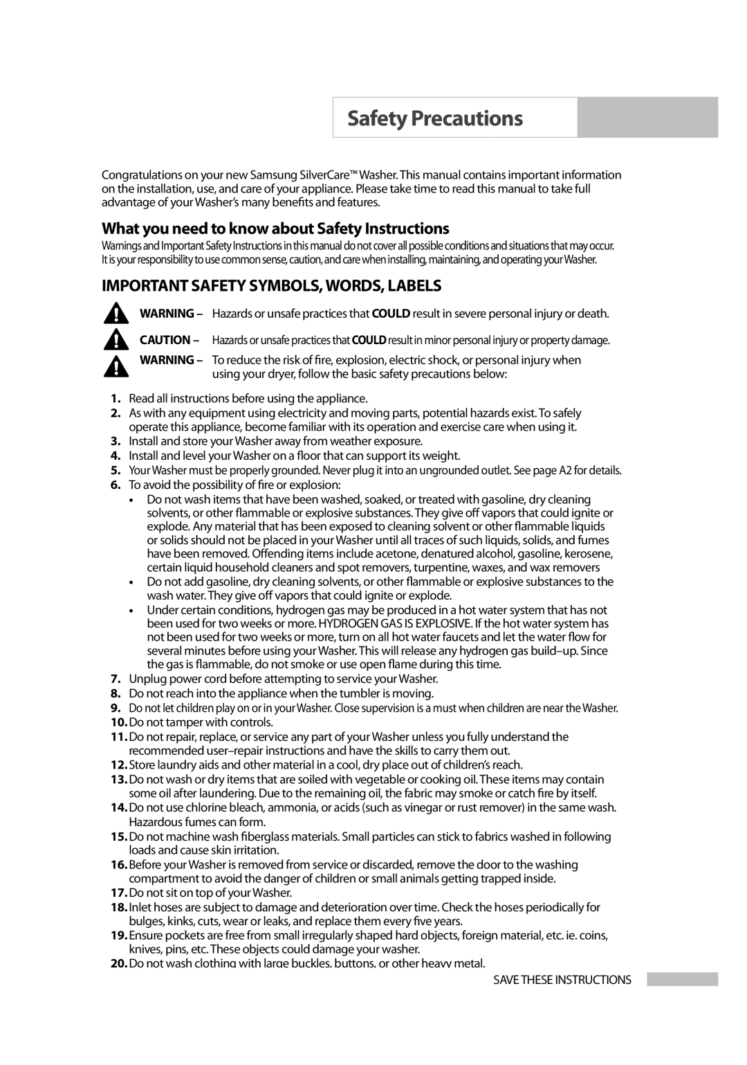 Samsung Owner's Manual Safety Precautions, Important Safety SYMBOLS, WORDS, Labels, Do not tamper with controls 