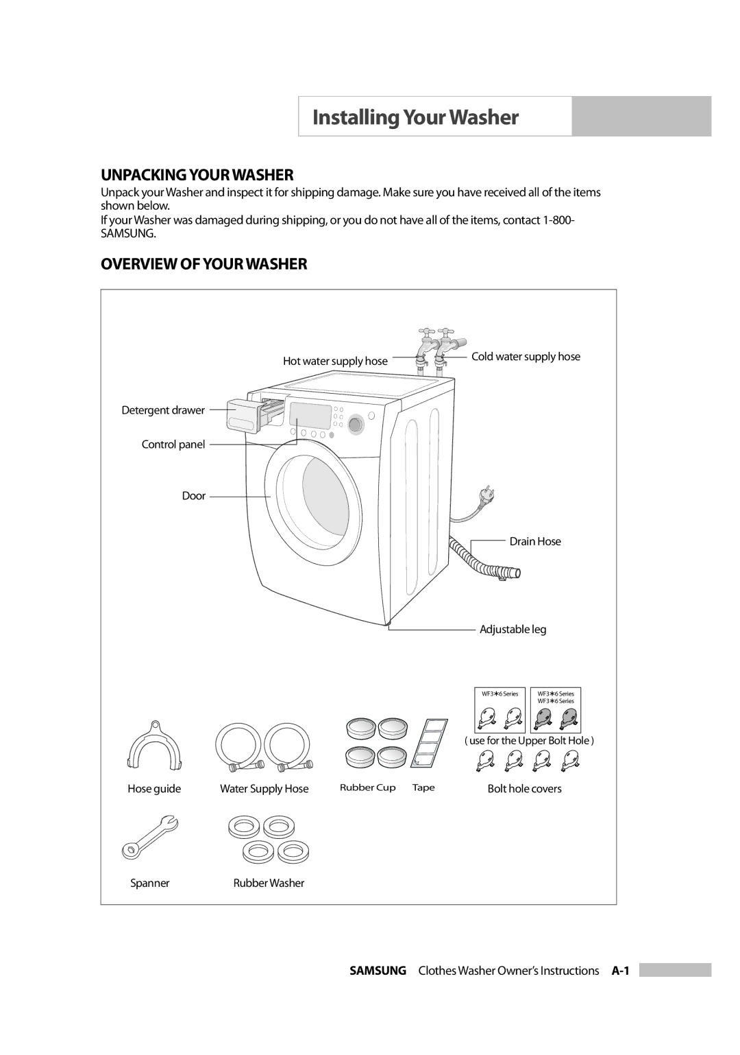 Samsung Owner's Manual owner manual Installing Your Washer, Unpacking Your Washer, Overview of Your Washer 