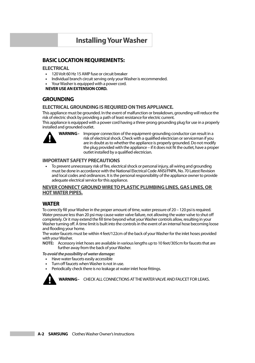 Samsung Owner's Manual owner manual Basic Location Requirements, Grounding, Water 