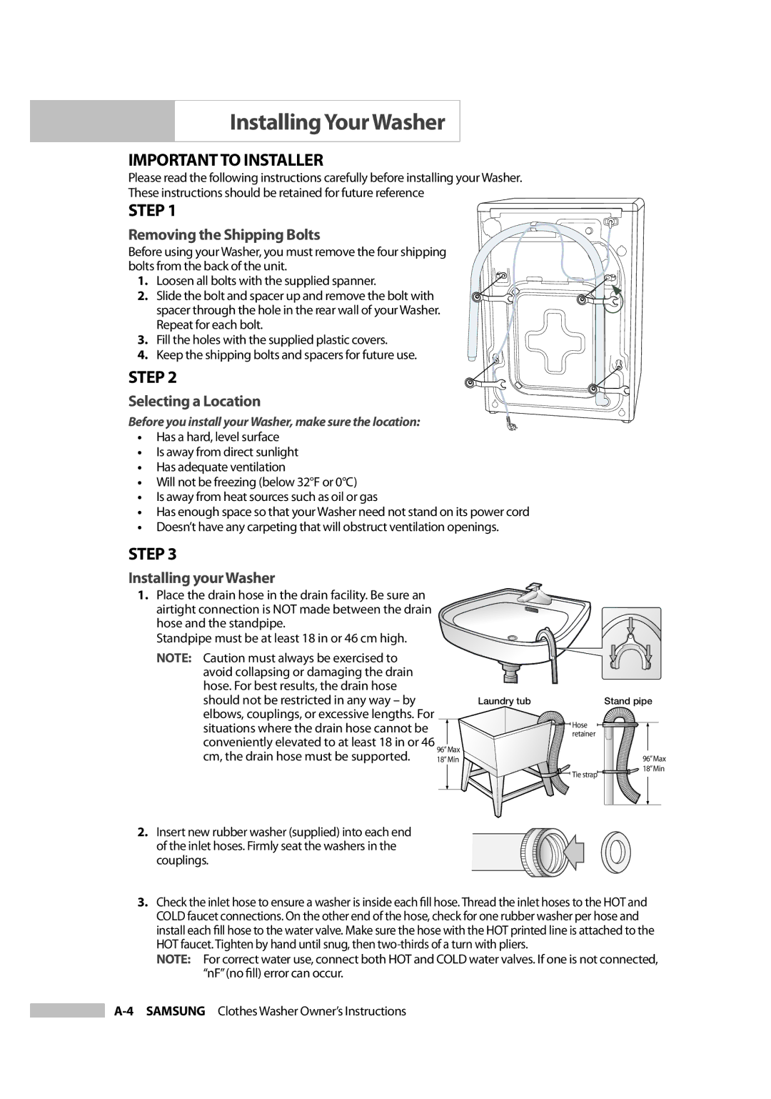 Samsung Owner's Manual owner manual Important to Installer, Step, Removing the Shipping Bolts, Selecting a Location 