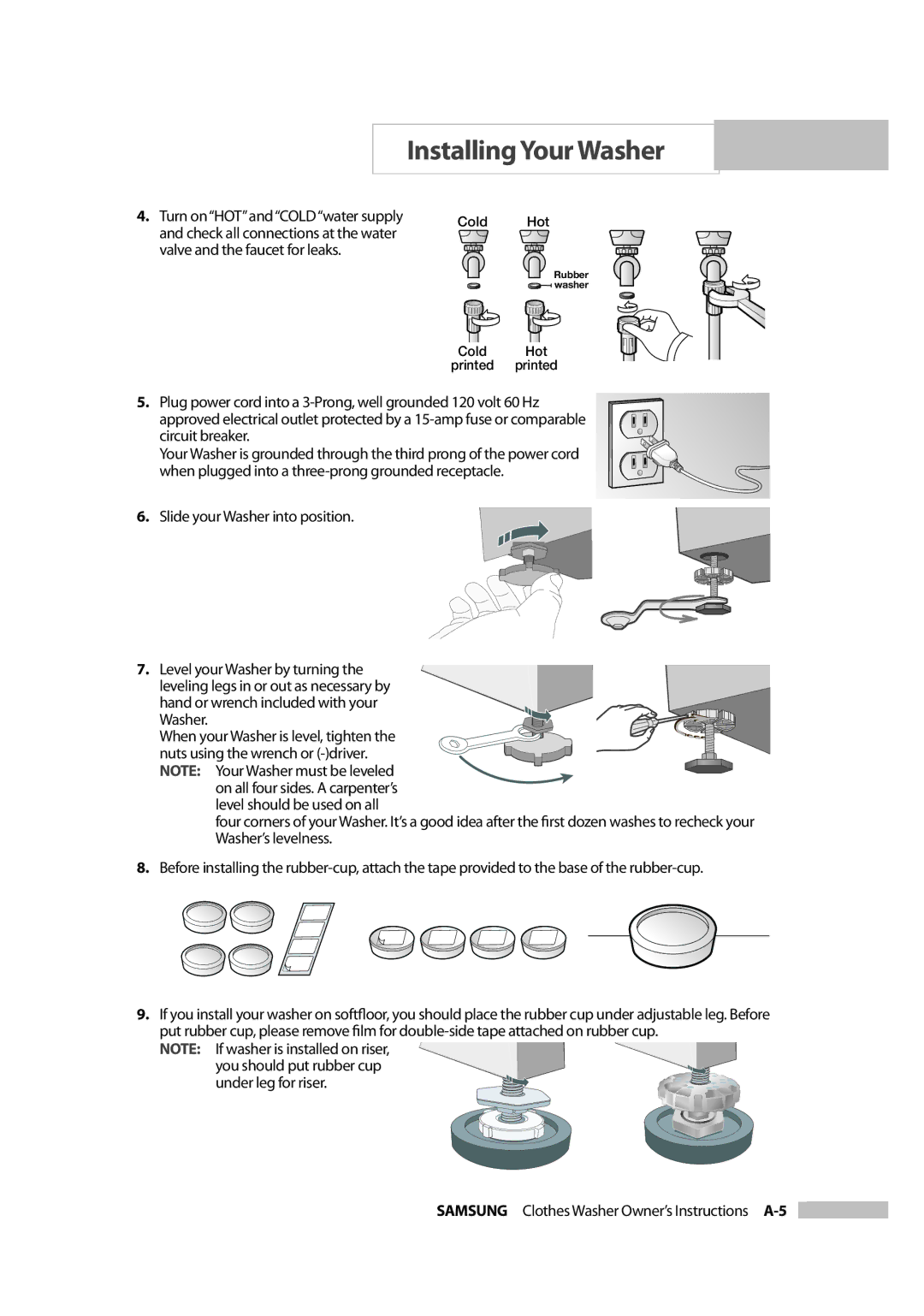 Samsung Owner's Manual owner manual Slide your Washer into position, Samsung Clothes Washer Owner’s Instructions A-5 