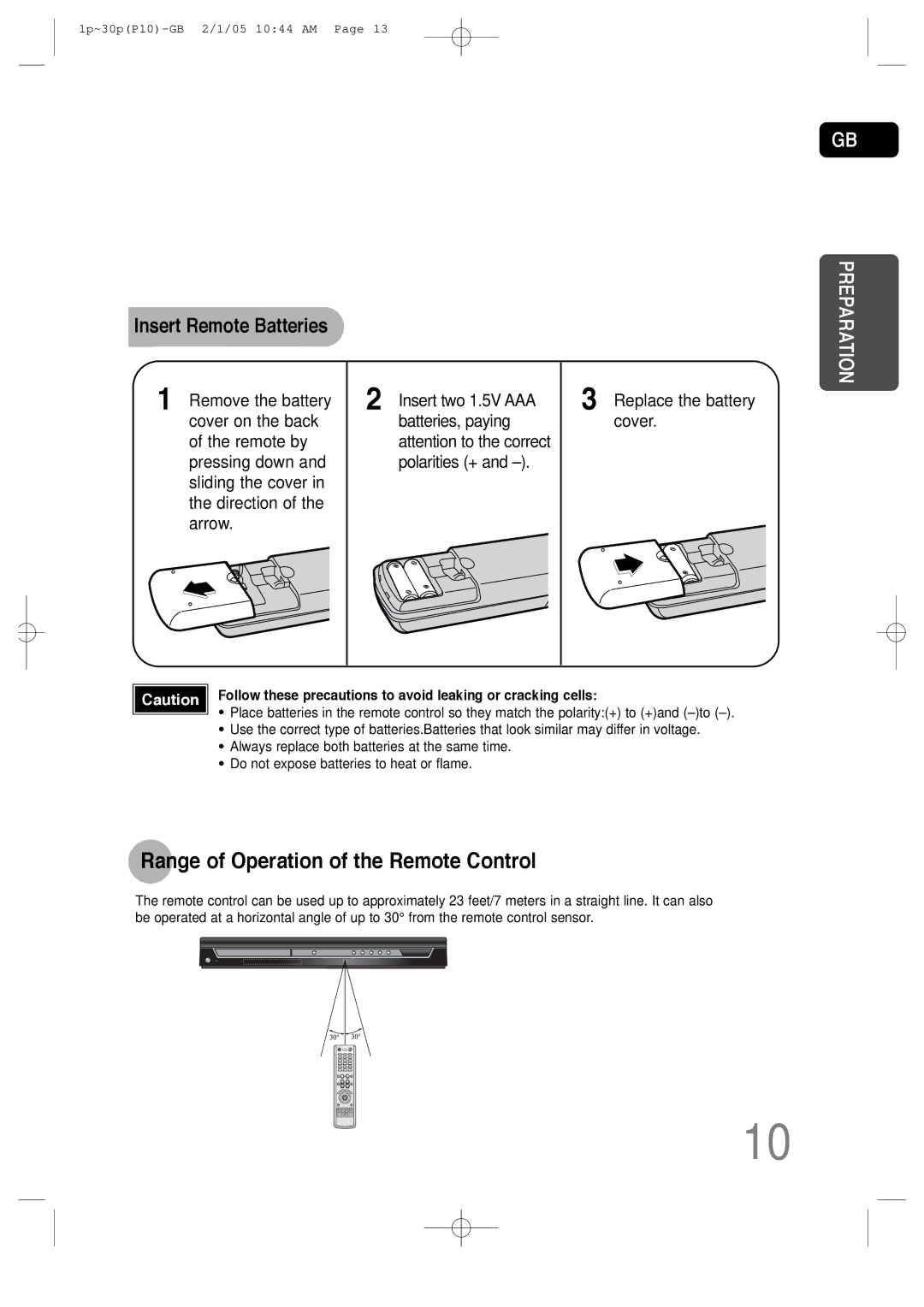 Samsung P10 instruction manual Range of Operation of the Remote Control, Insert Remote Batteries 