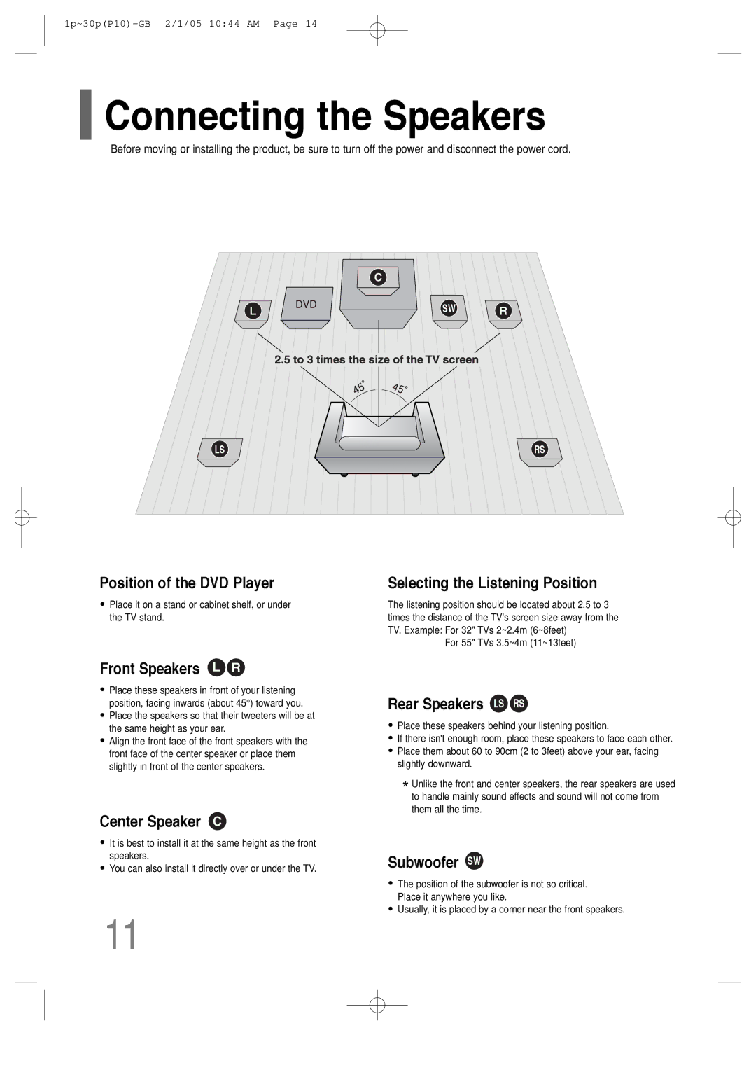 Samsung P10 instruction manual Connecting the Speakers, Selecting the Listening Position 