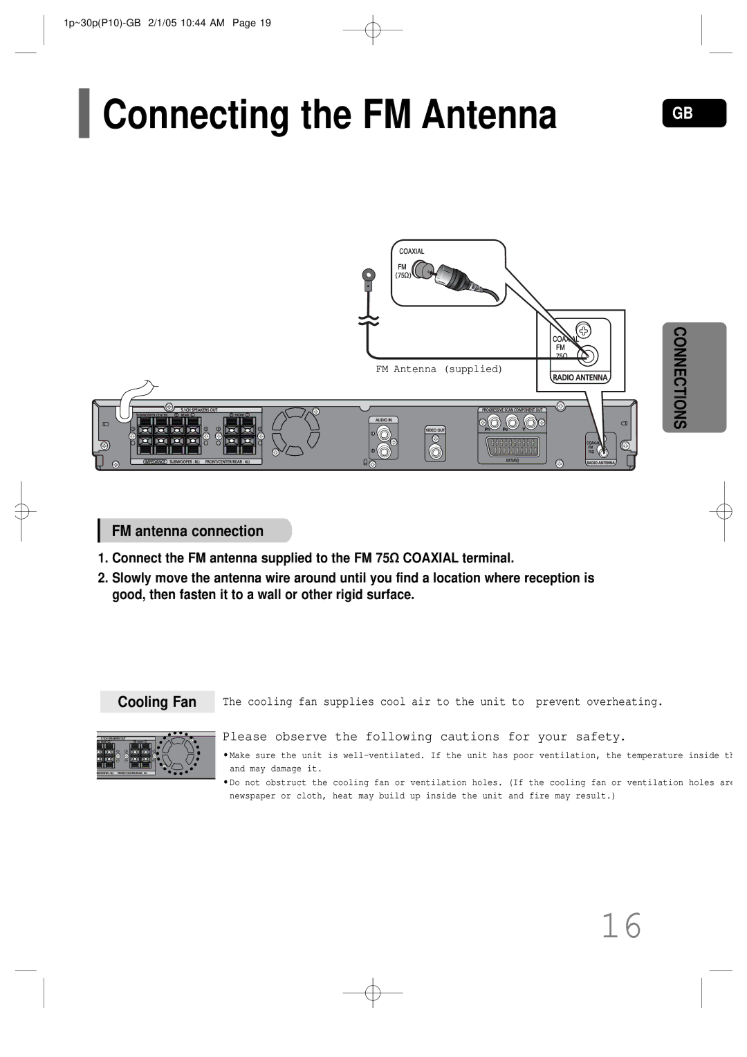 Samsung P10 instruction manual Connecting the FM Antenna, FM antenna connection 