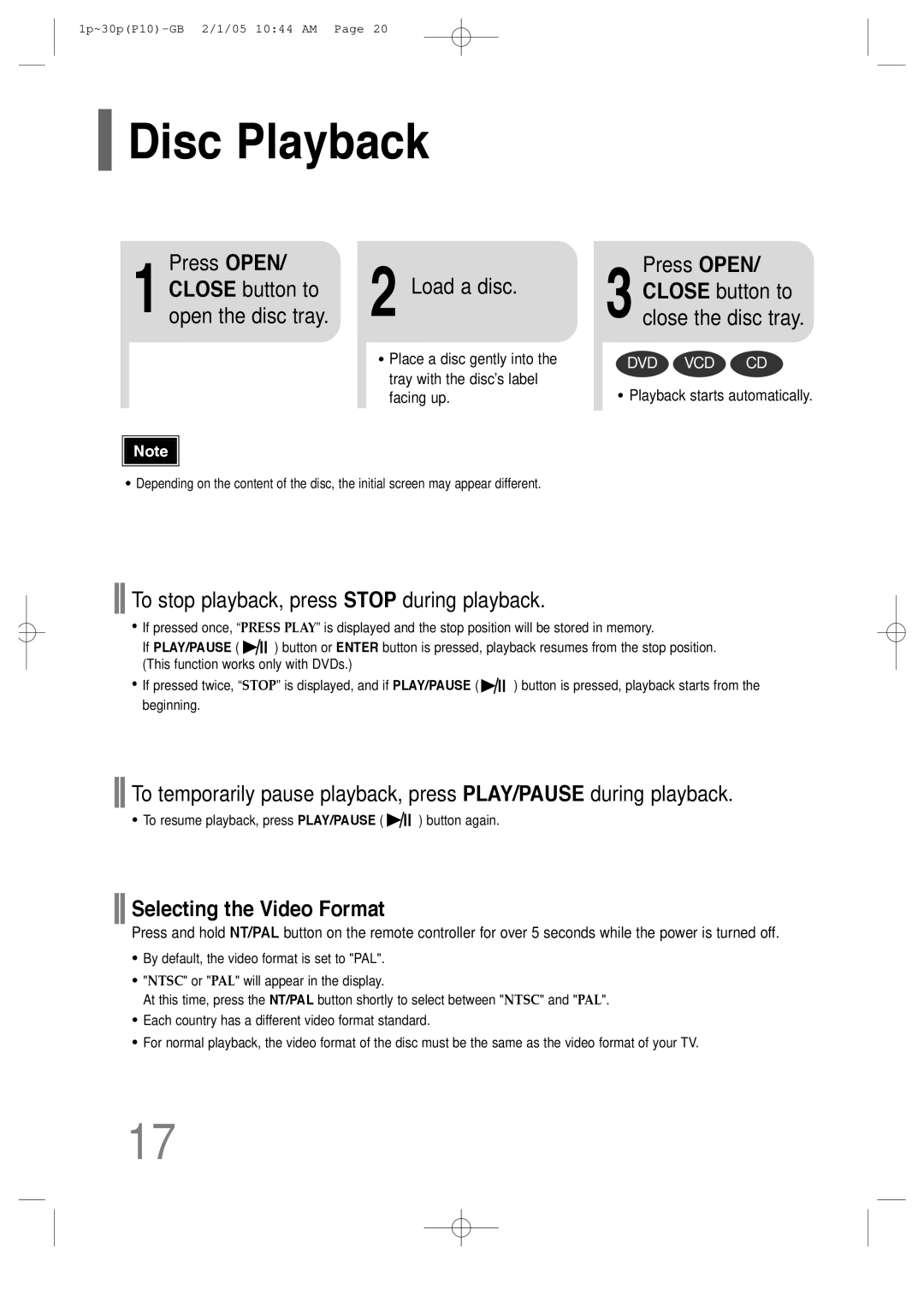 Samsung P10 instruction manual Disc Playback, Press Open, Load a disc, To stop playback, press Stop during playback 