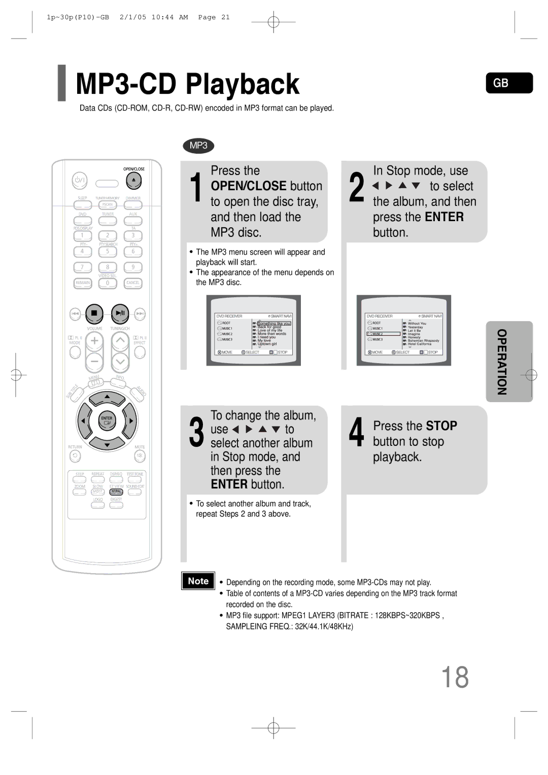 Samsung P10 instruction manual MP3-CD Playback, Press, Change the album, Use, Stop mode, Playback 