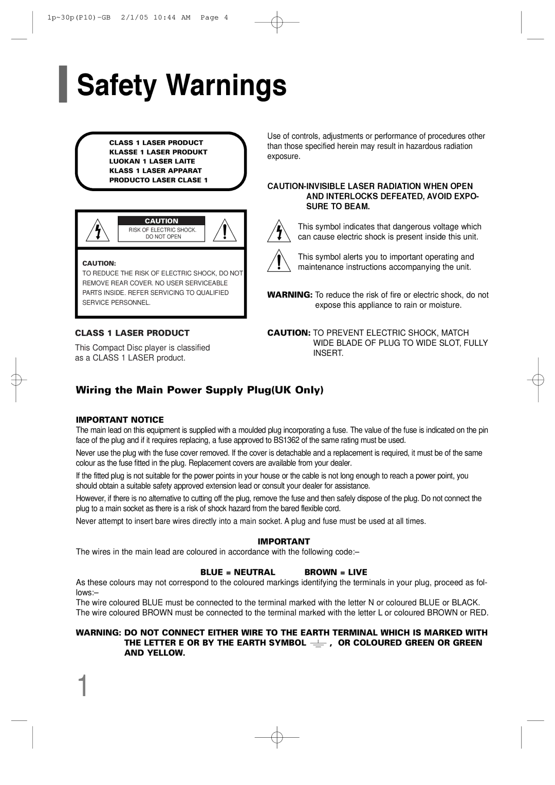 Samsung P10 instruction manual Safety Warnings, Class 1 Laser Product 