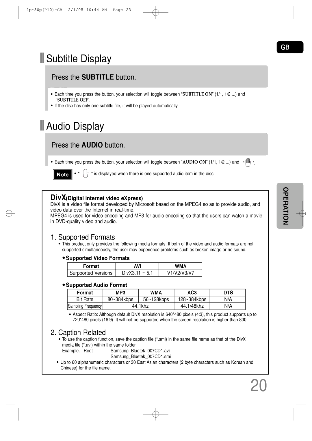 Samsung P10 instruction manual Press the Subtitle button, Press the Audio button, Supported Formats, Caption Related 