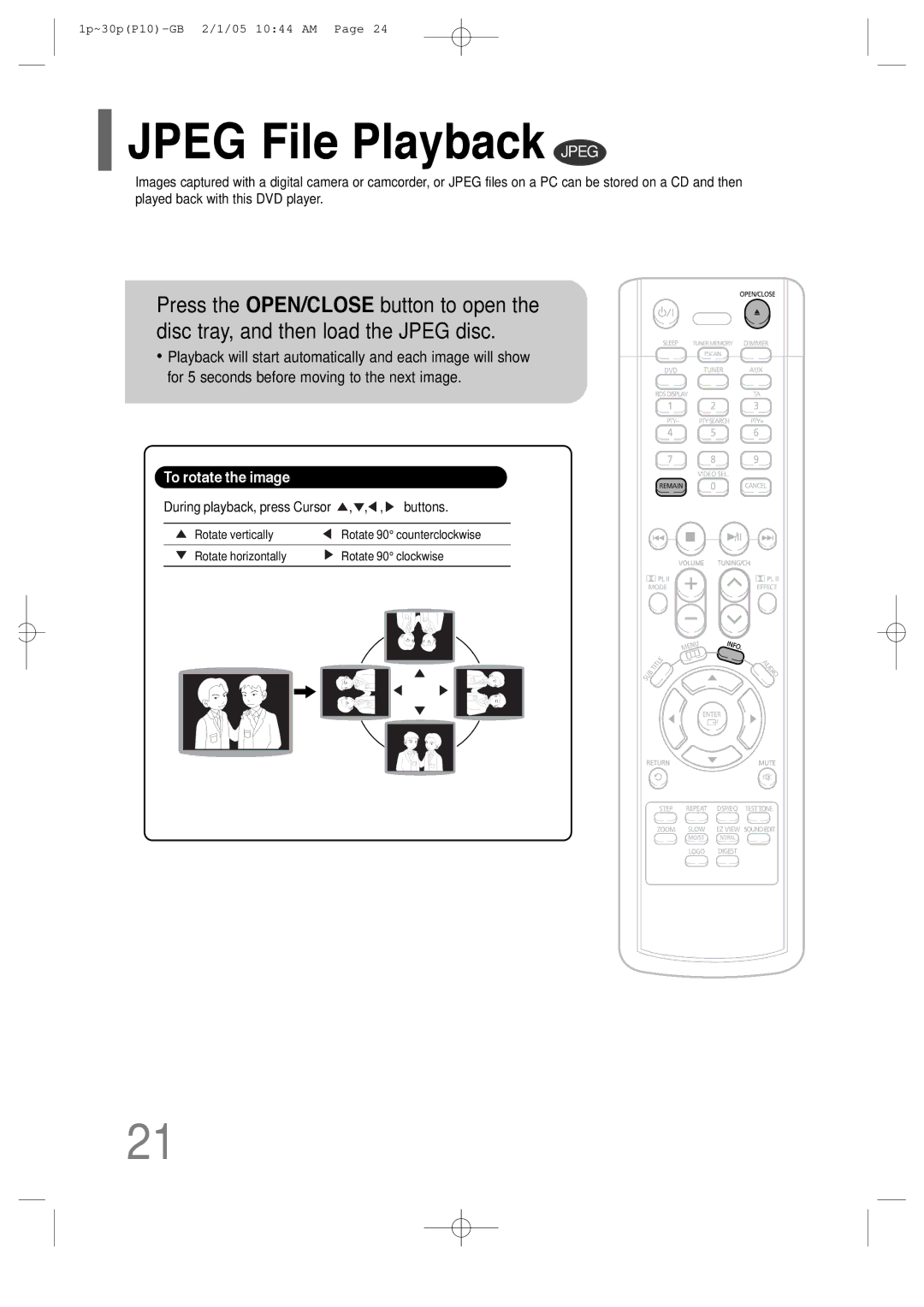 Samsung P10 instruction manual Jpeg File Playback Jpeg, To rotate the image 