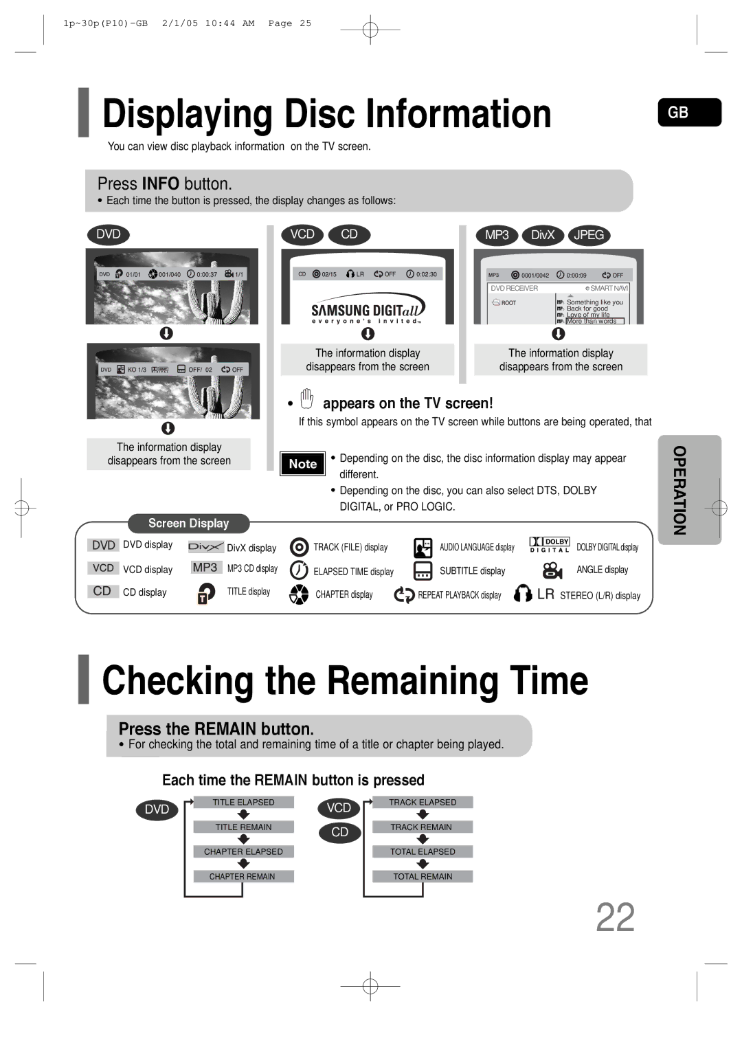 Samsung P10 Displaying Disc Information, Checking the Remaining Time, Press Info button, Press the Remain button 