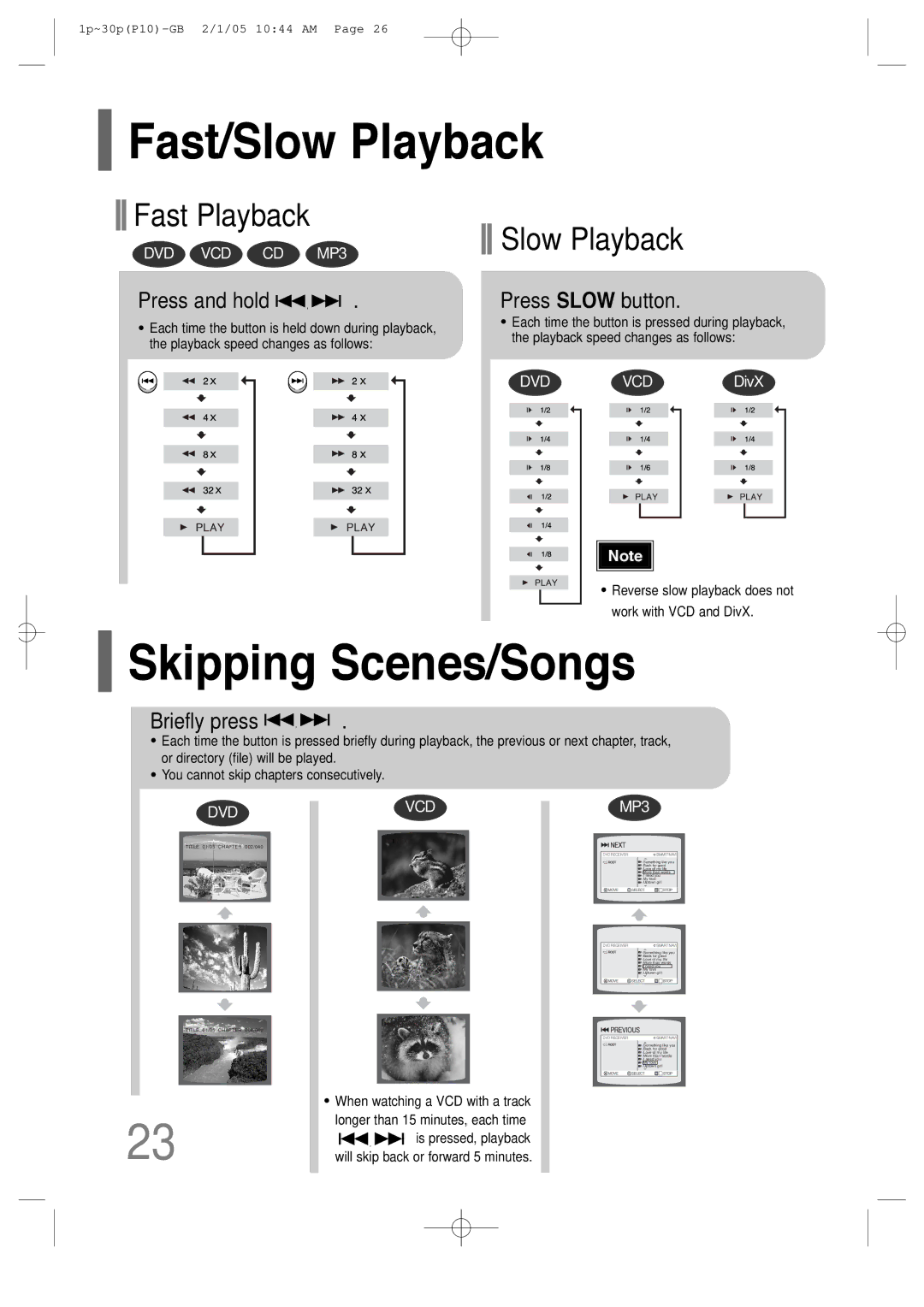 Samsung P10 instruction manual Fast/Slow Playback, Skipping Scenes/Songs, Press and hold, Press Slow button 