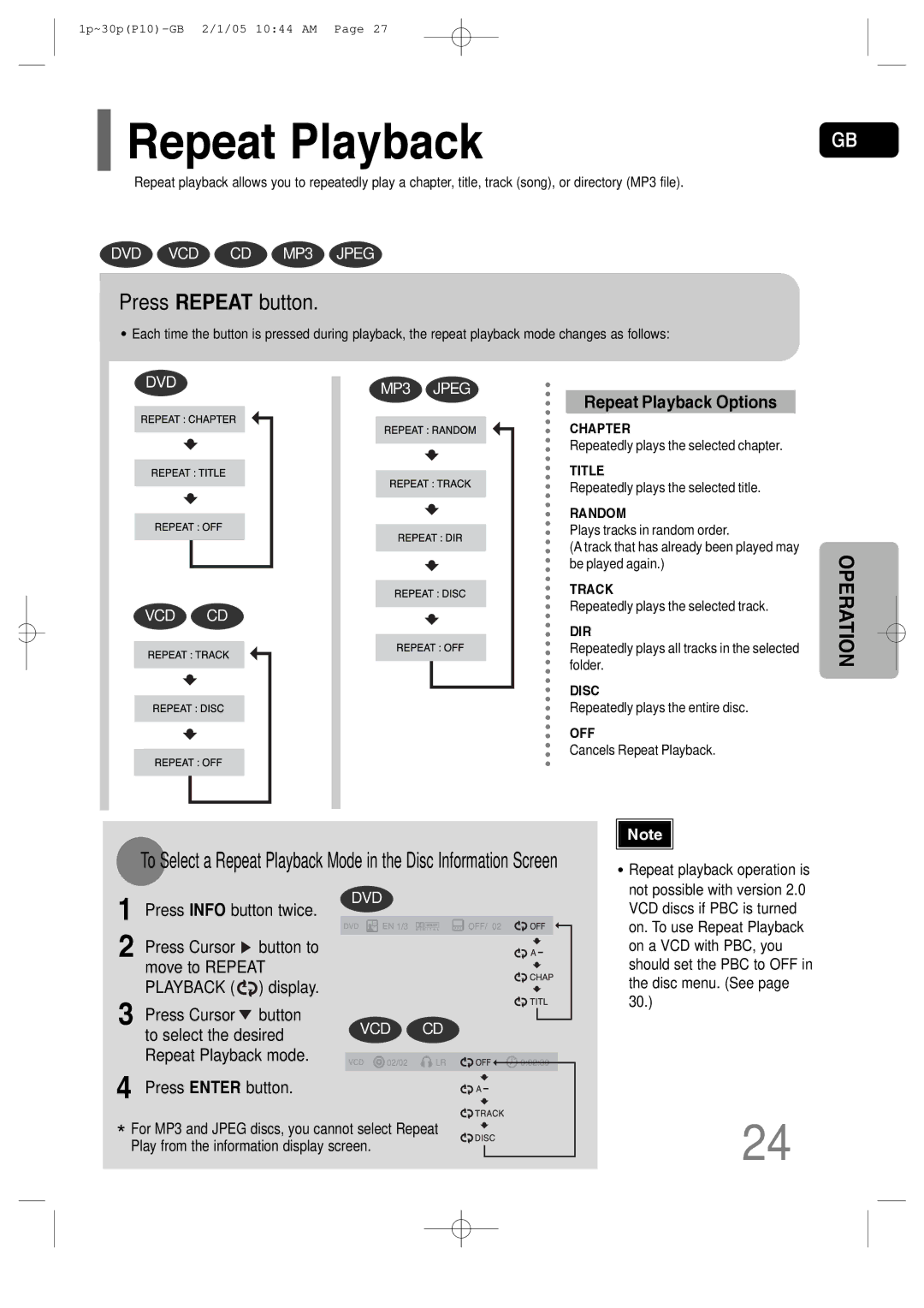 Samsung P10 instruction manual Repeat Playback, Press Repeat button 