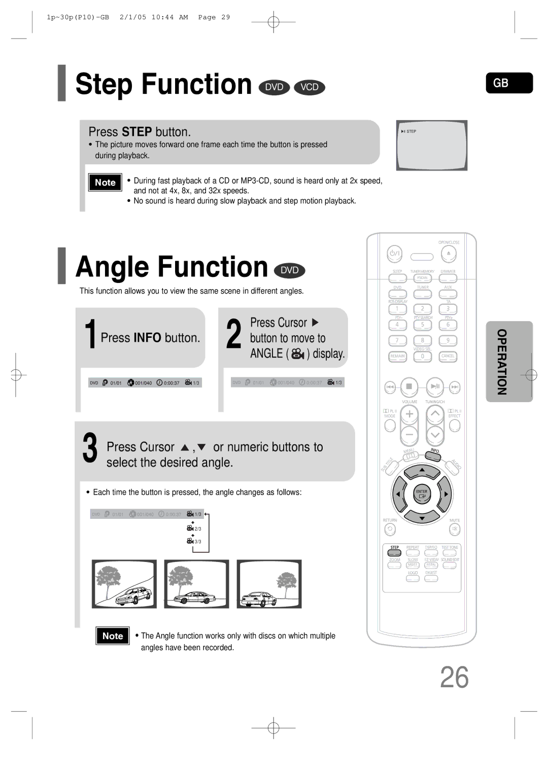 Samsung P10 instruction manual Step Function DVD VCD, Angle Function DVD, Press Step button, Press Cursor 