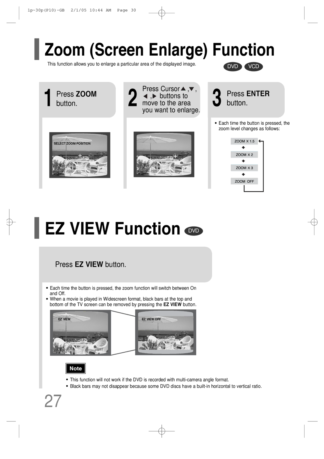 Samsung P10 instruction manual Zoom Screen Enlarge Function, EZ View Function DVD, Press EZ View button 