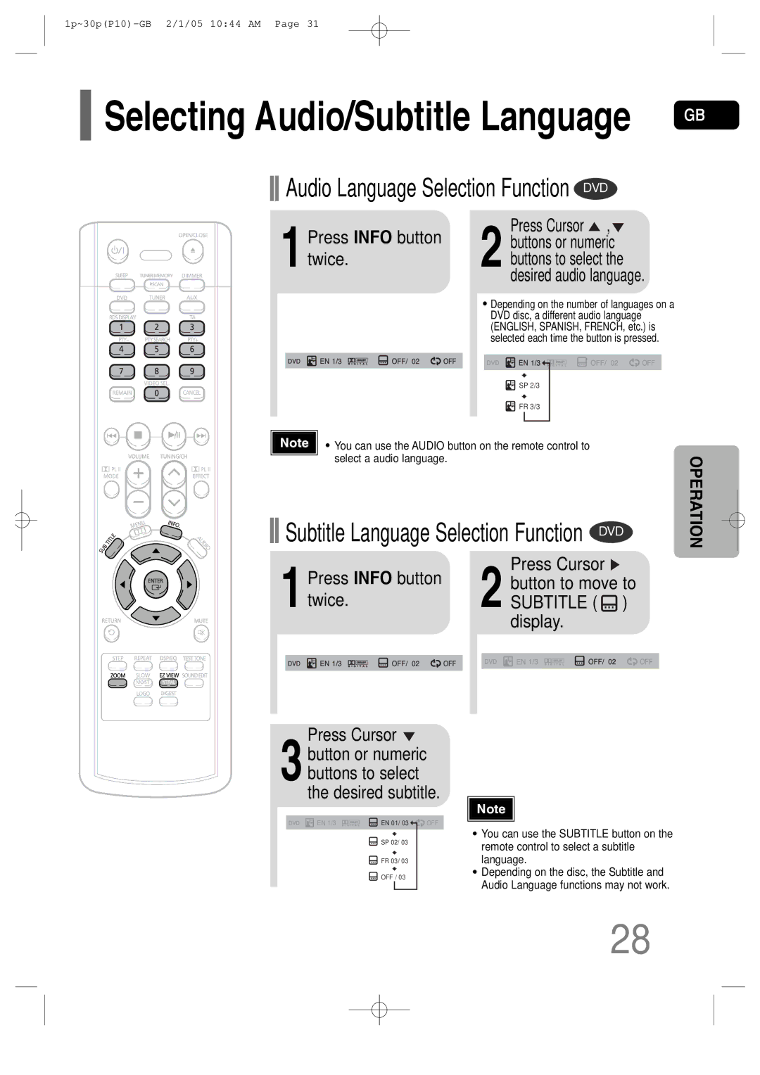 Samsung P10 instruction manual 1Press Info button twice, Desired audio language 