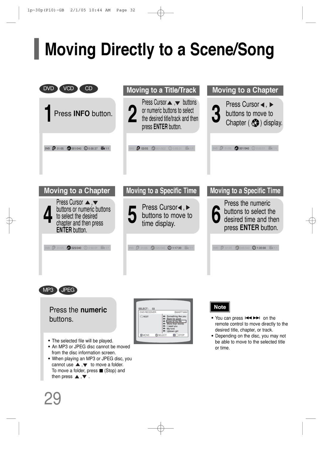 Samsung P10 instruction manual Moving Directly to a Scene/Song, 1Press Info button, Time display, Press the numeric 