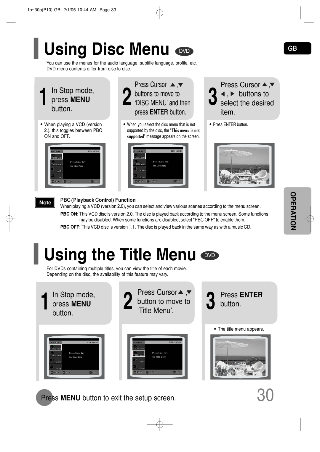 Samsung P10 instruction manual Using the Title Menu DVD 