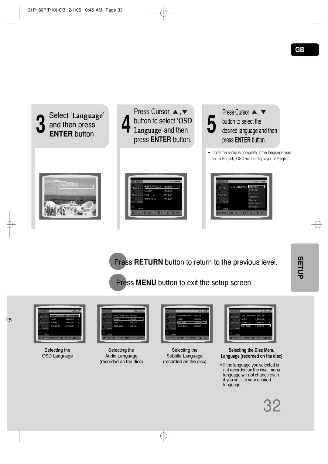 Samsung P10 instruction manual Select ‘Language’ Press Cursor, Then press, Enter button 