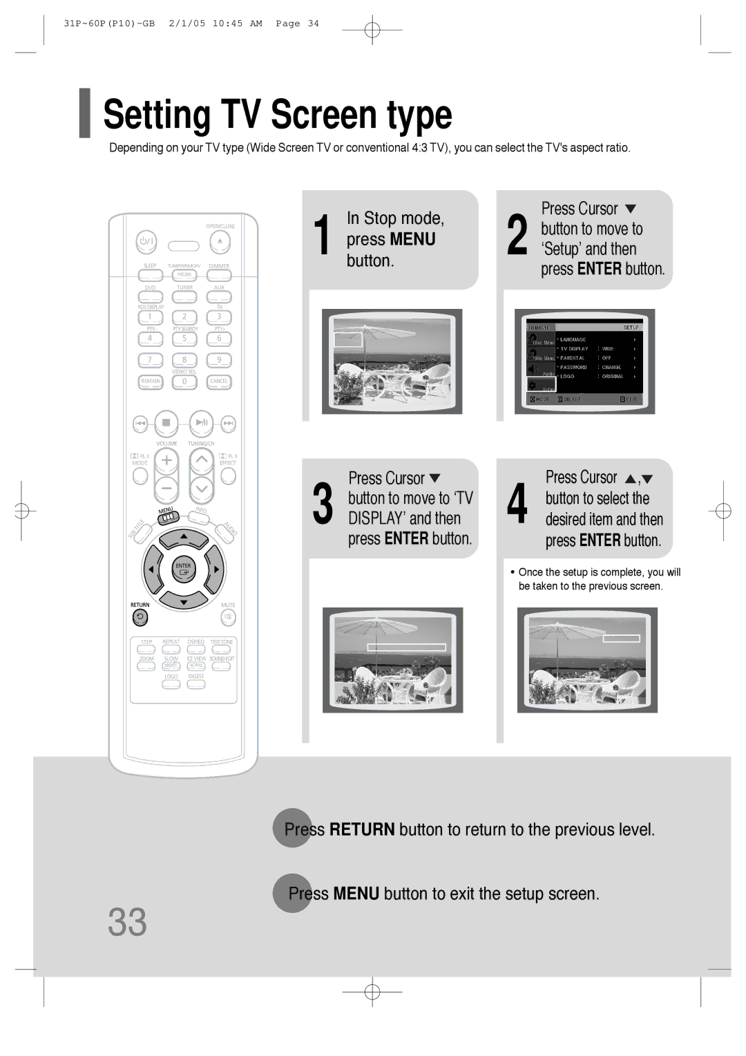 Samsung P10 instruction manual Setting TV Screen type, Press Enter button 