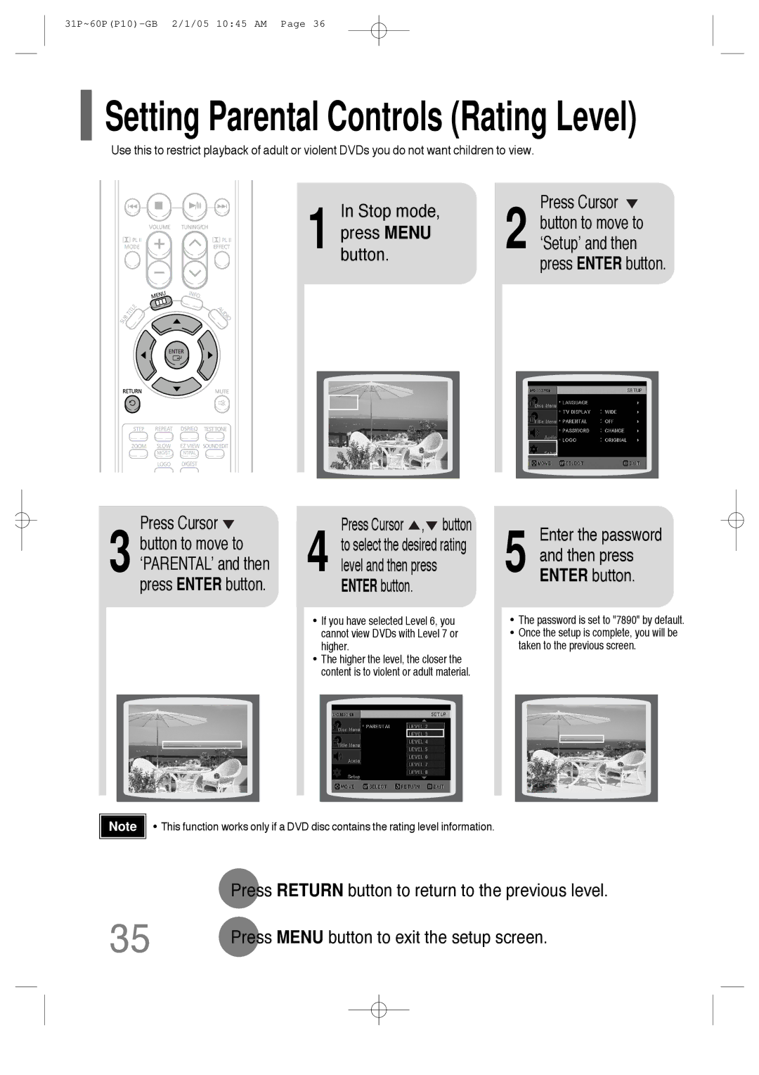 Samsung P10 Press Cursor , button, Enter the password, Press Return button to return to the previous level 