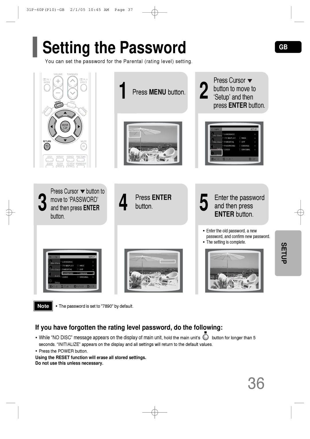 Samsung P10 instruction manual Setting the Password, Press Enter Enter the password, Button Then press Enter button 