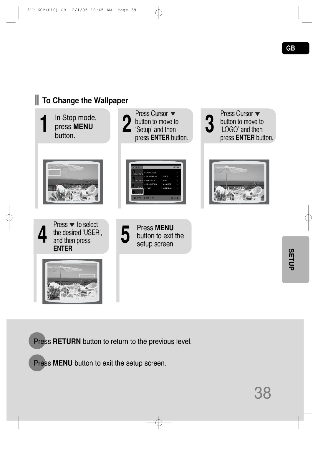 Samsung P10 instruction manual Stop mode Press Cursor Button to move to, Press Menu ‘Setup’ and then 