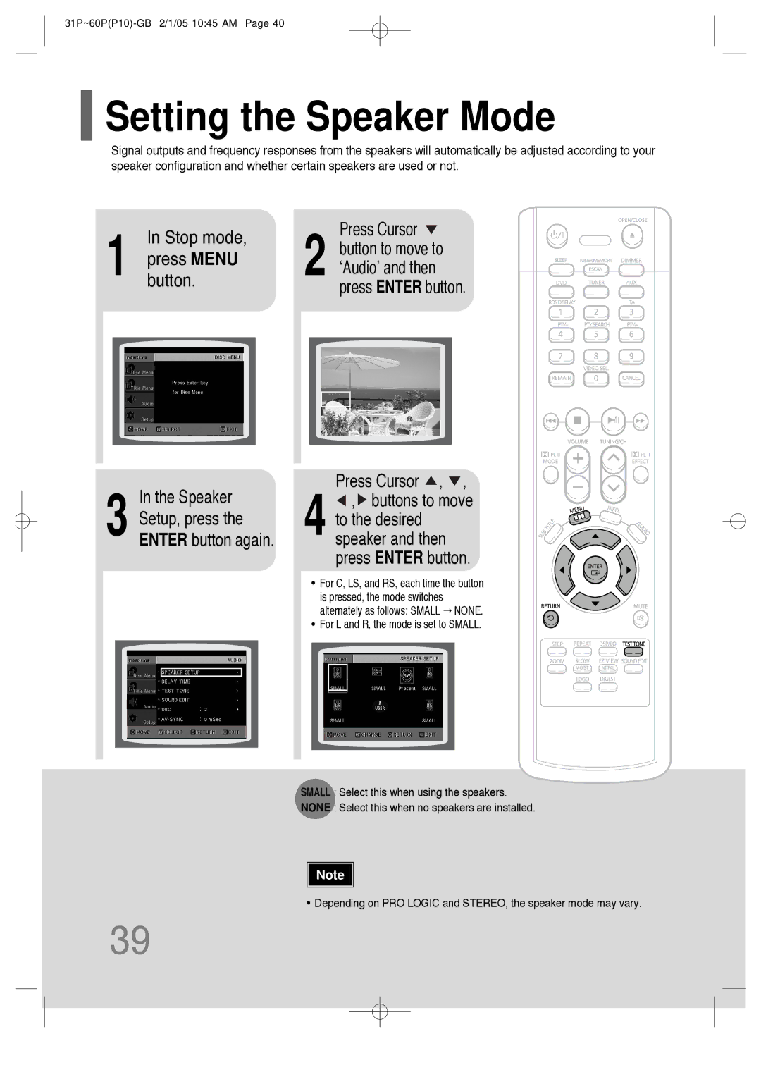 Samsung P10 instruction manual Setting the Speaker Mode, Press Enter button Press Cursor 