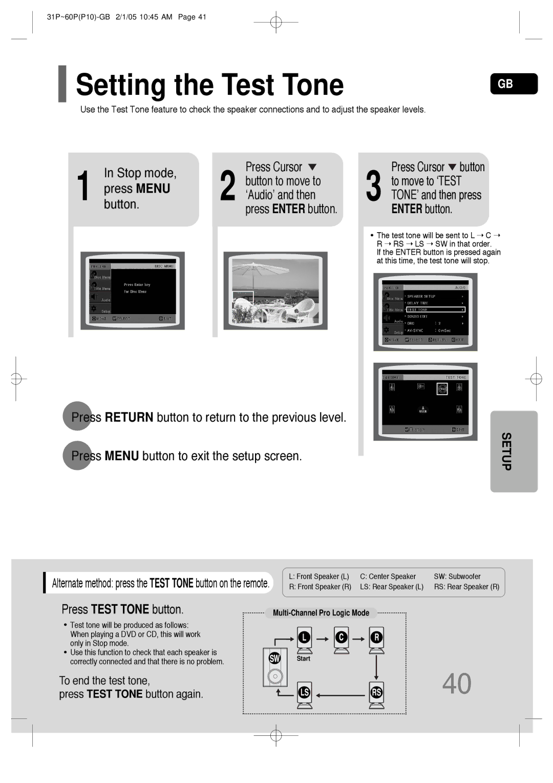 Samsung P10 instruction manual Setting the Test Tone, Press Menu ‘Audio’ and then, Press Test Tone button 