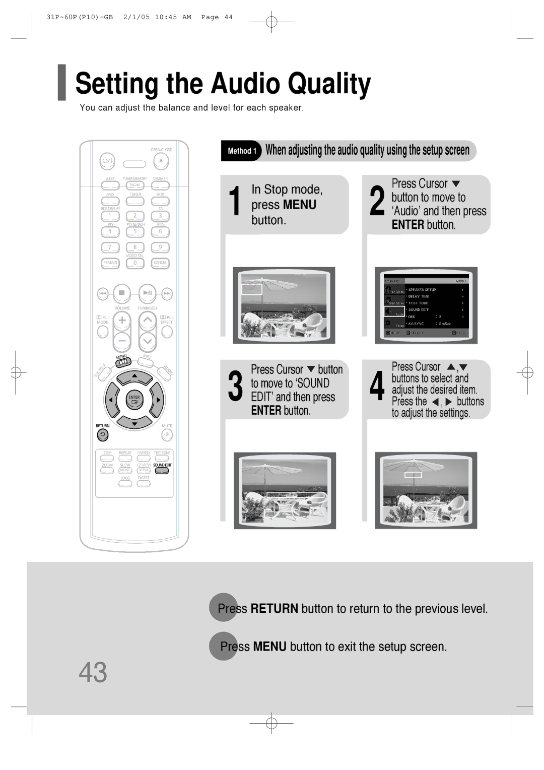 Samsung P10 instruction manual Setting the Audio Quality, Stop mode Press Cursor 