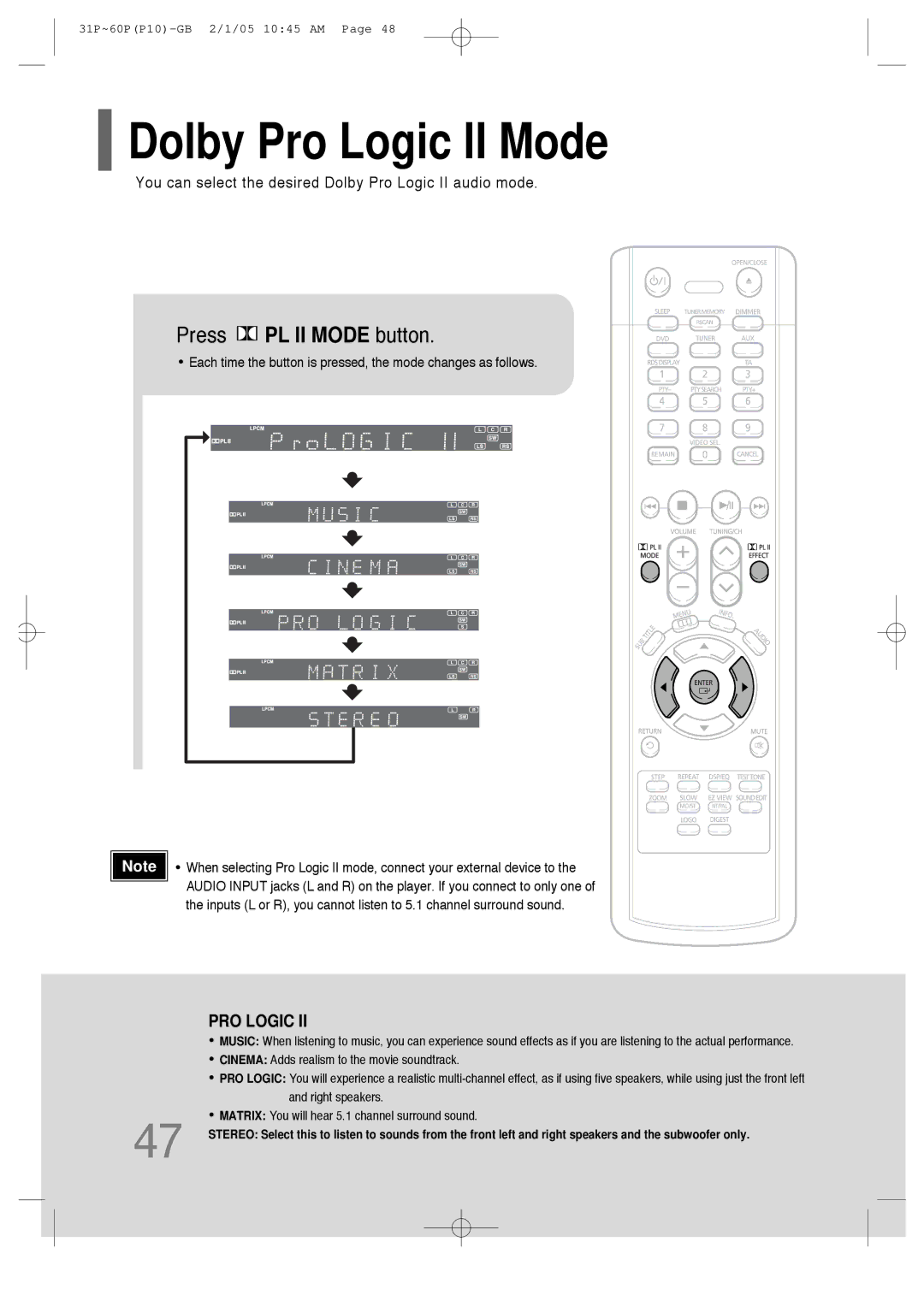 Samsung P10 instruction manual Dolby Pro Logic II Mode, Press PL II Mode button 