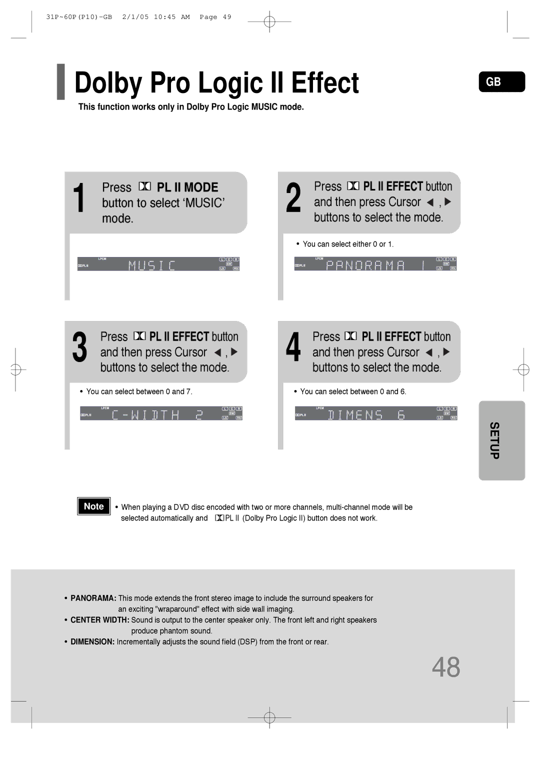 Samsung P10 instruction manual Dolby Pro Logic II Effect, Press PL II Mode, Then press Cursor 