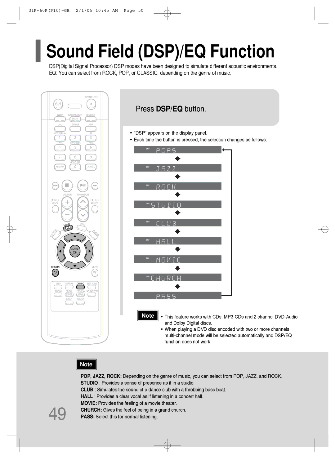 Samsung P10 instruction manual Sound Field DSP/EQ Function, Press DSP/EQ button 