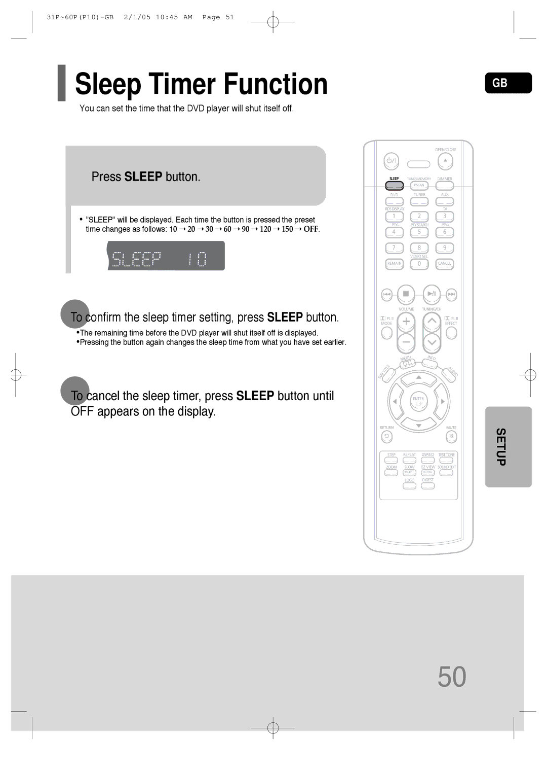 Samsung P10 Sleep Timer Function, Press Sleep button, To confirm the sleep timer setting, press Sleep button 