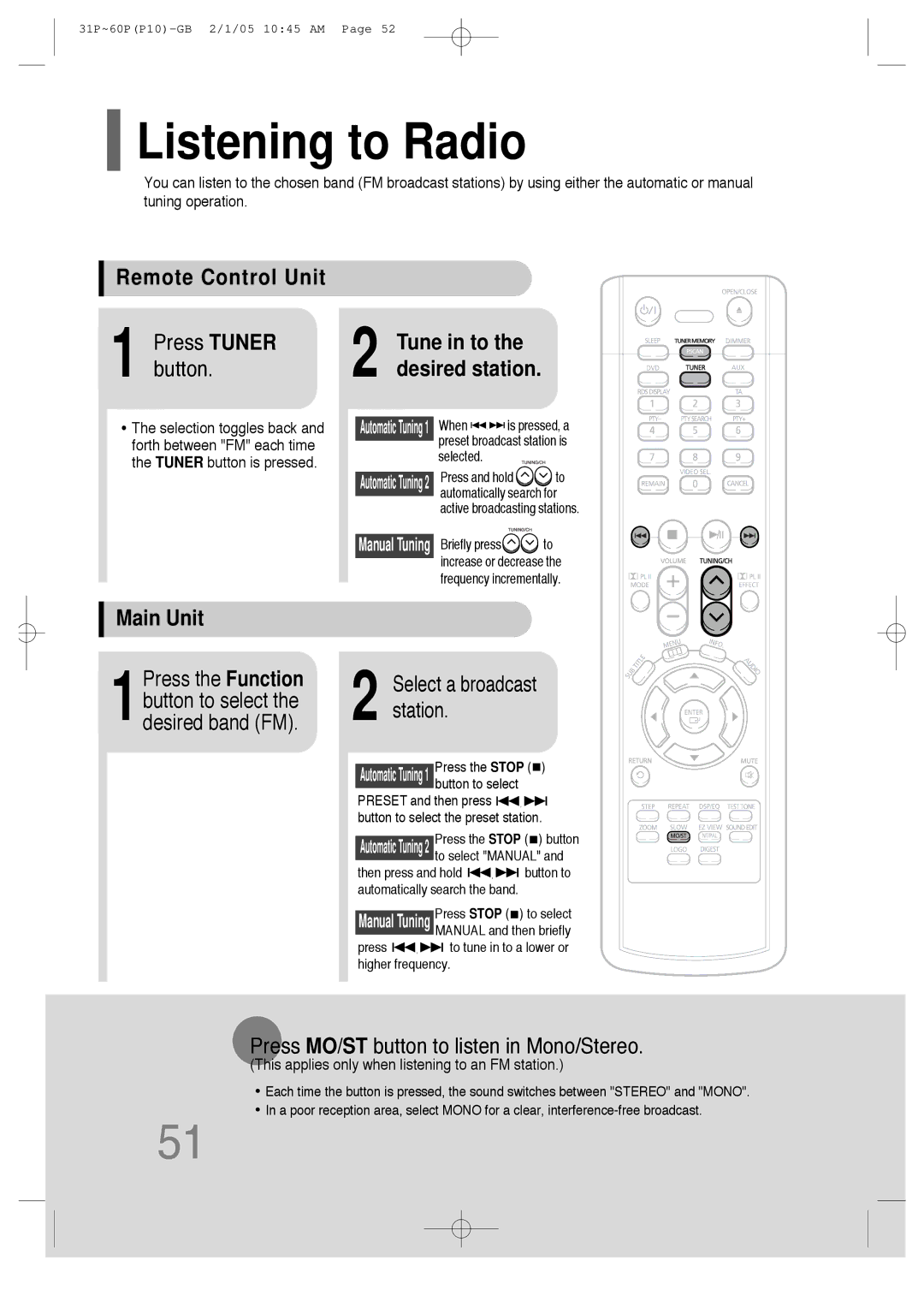 Samsung P10 instruction manual Listening to Radio, Remote Control Unit Press Tuner, Button, Main Unit 