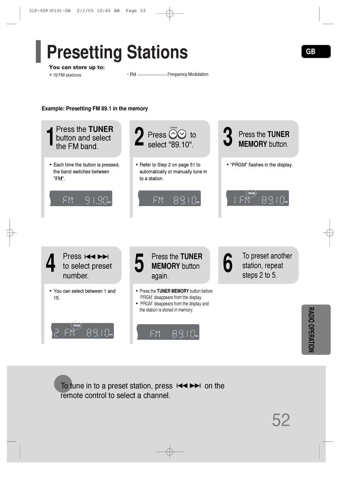 Samsung P10 instruction manual Again, Steps 2 to, Example Presetting FM 89.1 in the memory 