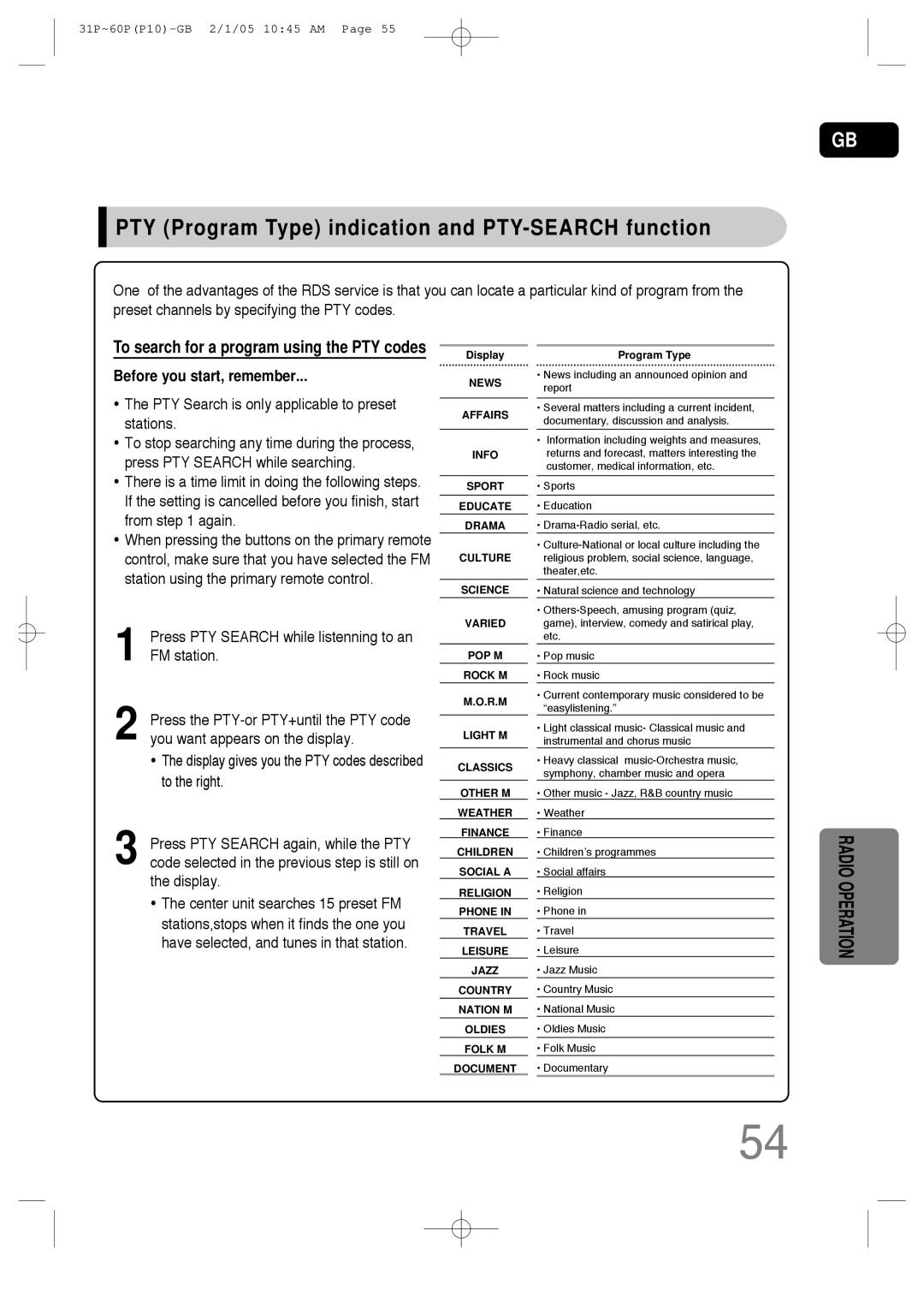 Samsung P10 instruction manual PTY Program Type indication and PTY-SEARCH function, Before you start, remember 