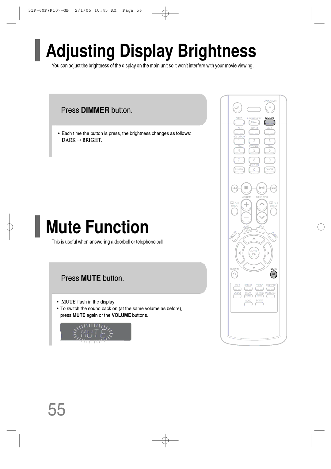 Samsung P10 instruction manual Adjusting Display Brightness, Mute Function, Press Dimmer button, Press Mute button 