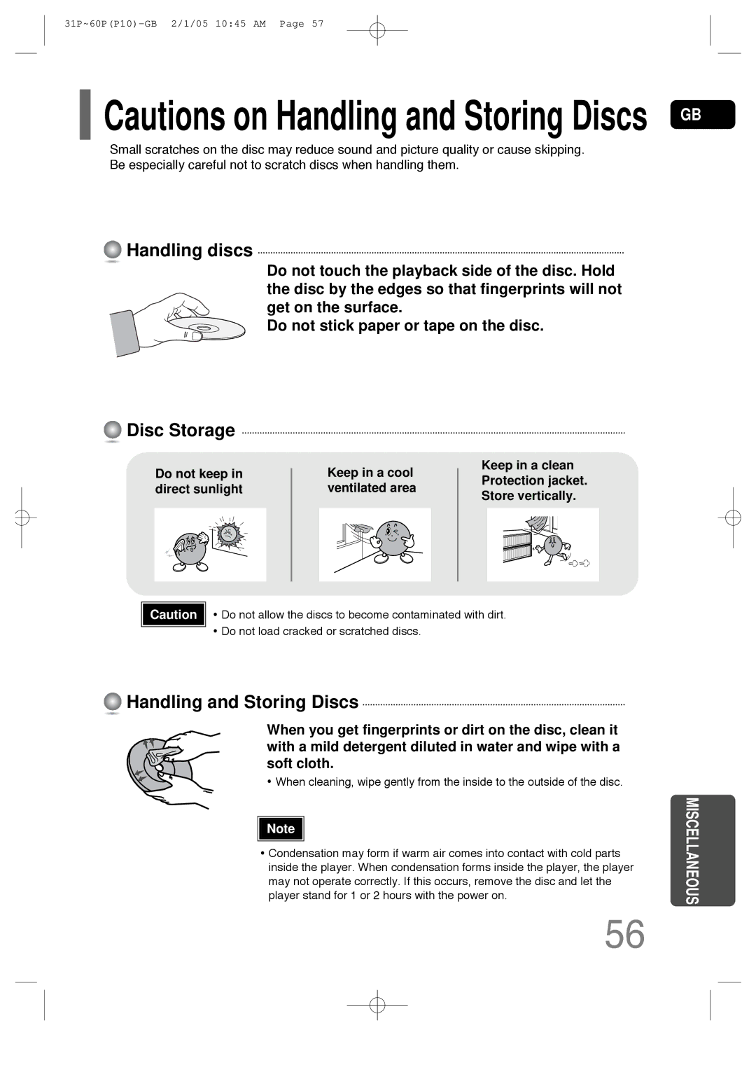 Samsung P10 instruction manual Handling discs, Disc Storage, Handling and Storing Discs 