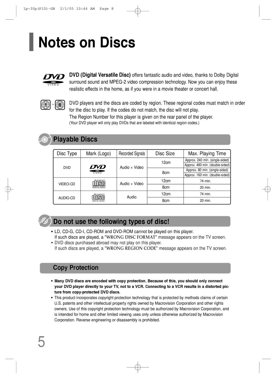 Samsung P10 instruction manual Playable Discs, Copy Protection 