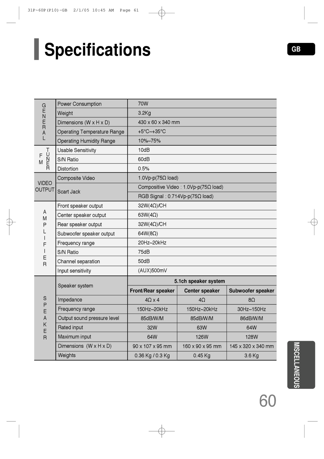 Samsung P10 instruction manual Specifications 