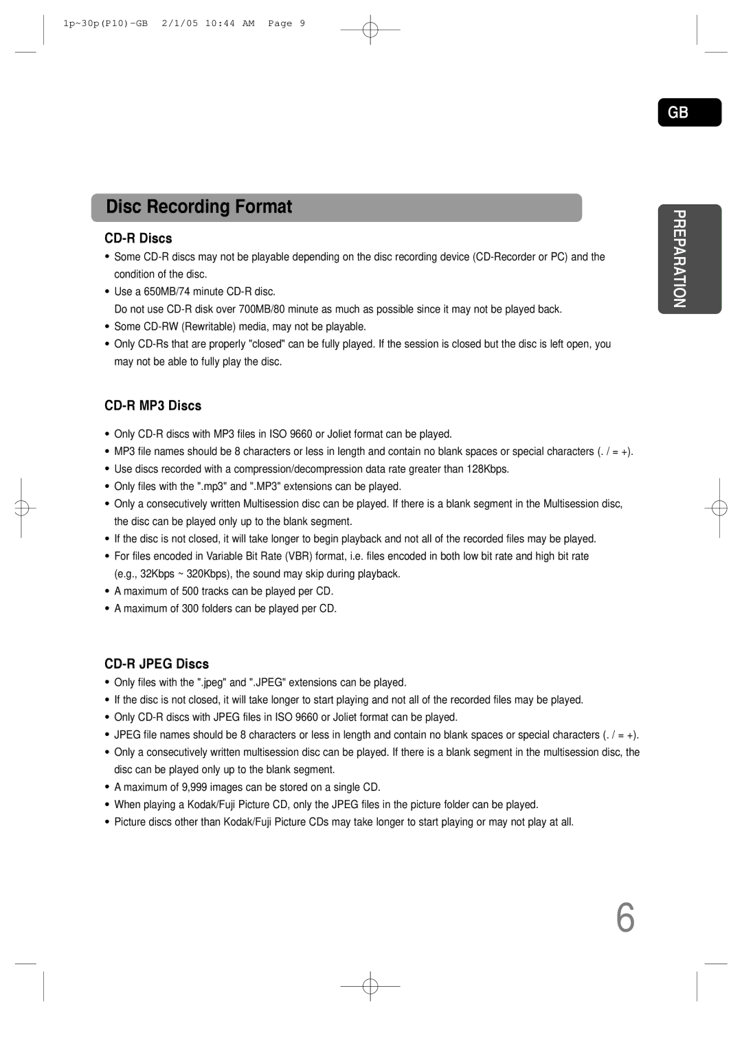 Samsung P10 instruction manual Disc Recording Format 